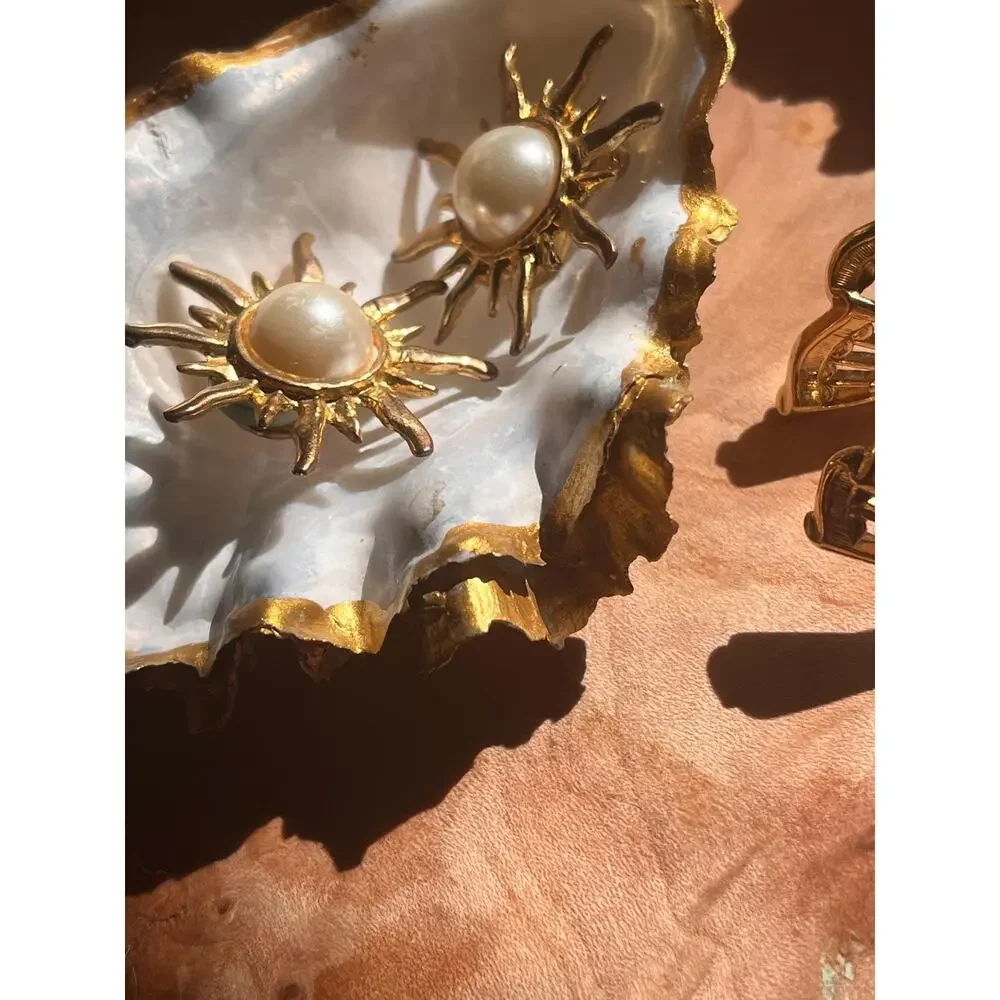 White and Gold Oyster Shell Ring Dish: Coastal Decor Jewelry Holder